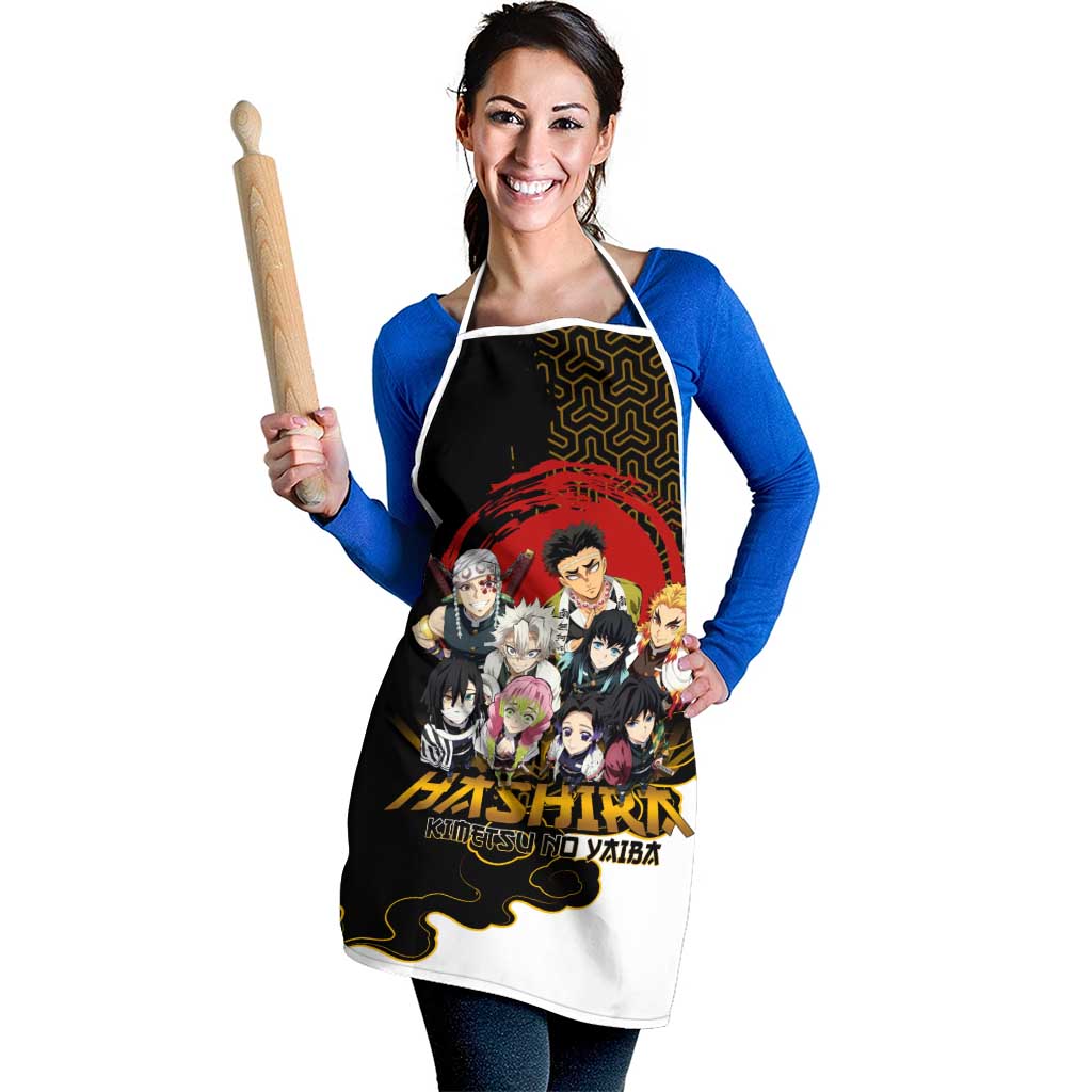 Demon Slayer Hashira Group Design Apron with Gold Cloud Pattern and Stylized Kanji Motif - The Mazicc