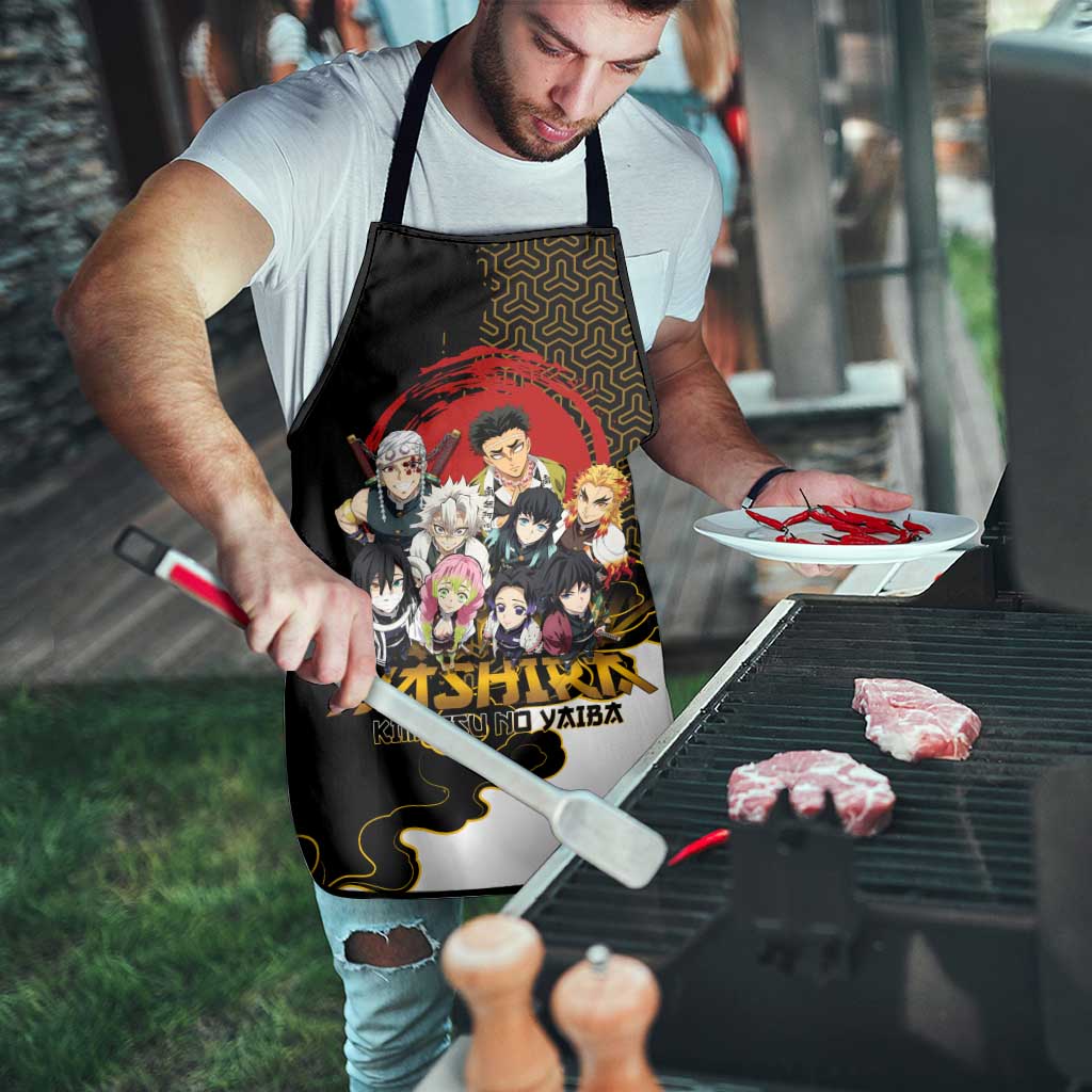 Demon Slayer Hashira Group Design Apron with Gold Cloud Pattern and Stylized Kanji Motif - The Mazicc