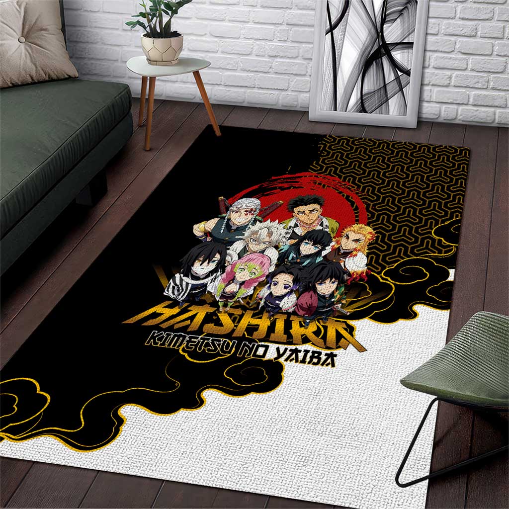 Demon Slayer Hashira Group Design Area Rug with Gold Cloud Pattern and Stylized Kanji Motif - The Mazicc