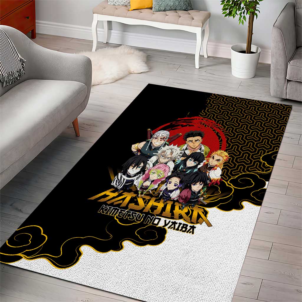 Demon Slayer Hashira Group Design Area Rug with Gold Cloud Pattern and Stylized Kanji Motif - The Mazicc