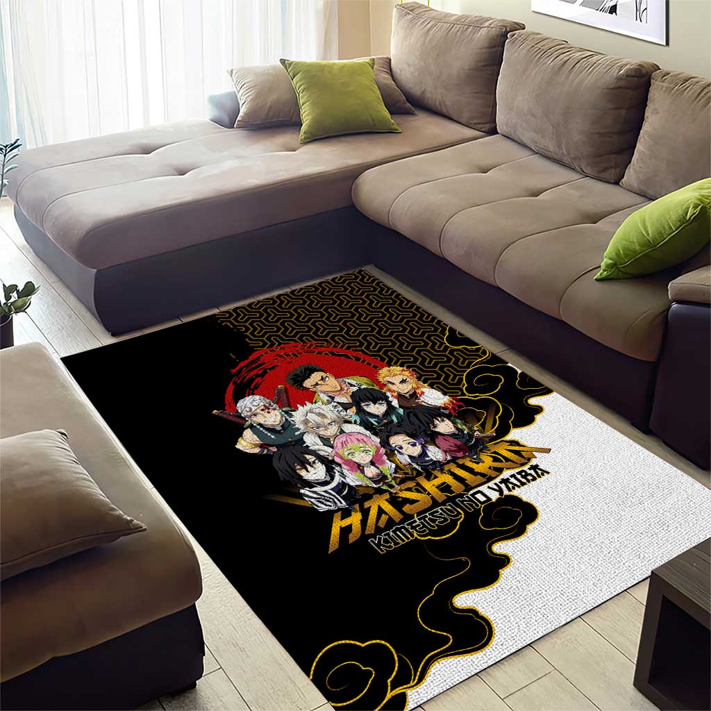 Demon Slayer Hashira Group Design Area Rug with Gold Cloud Pattern and Stylized Kanji Motif - The Mazicc