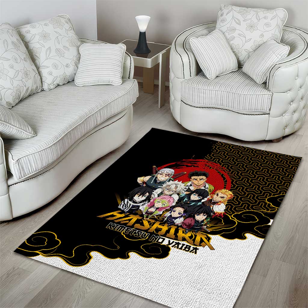Demon Slayer Hashira Group Design Area Rug with Gold Cloud Pattern and Stylized Kanji Motif - The Mazicc