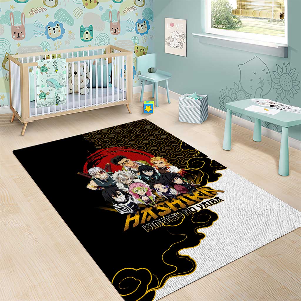 Demon Slayer Hashira Group Design Area Rug with Gold Cloud Pattern and Stylized Kanji Motif - The Mazicc