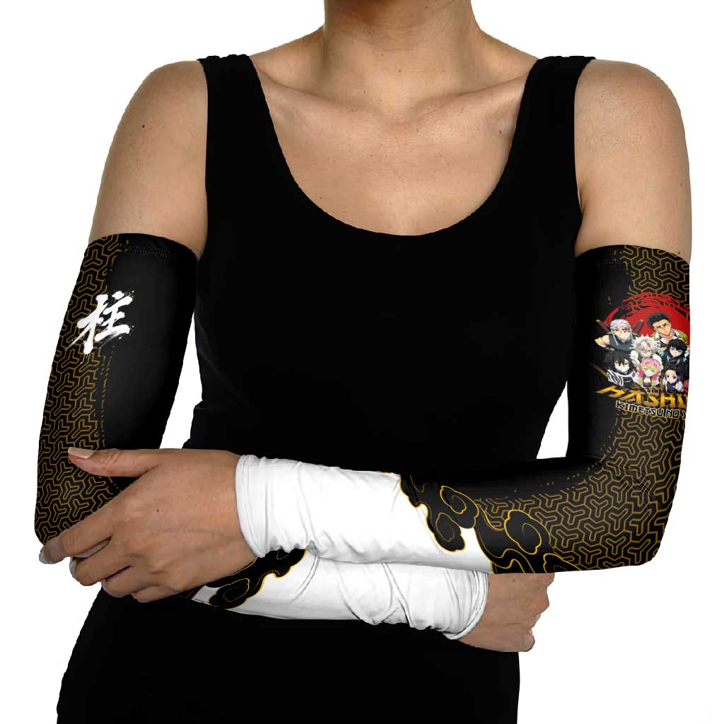 Demon Slayer Hashira Group Design Arm Sleeves with Gold Cloud Pattern and Stylized Kanji Motif - The Mazicc