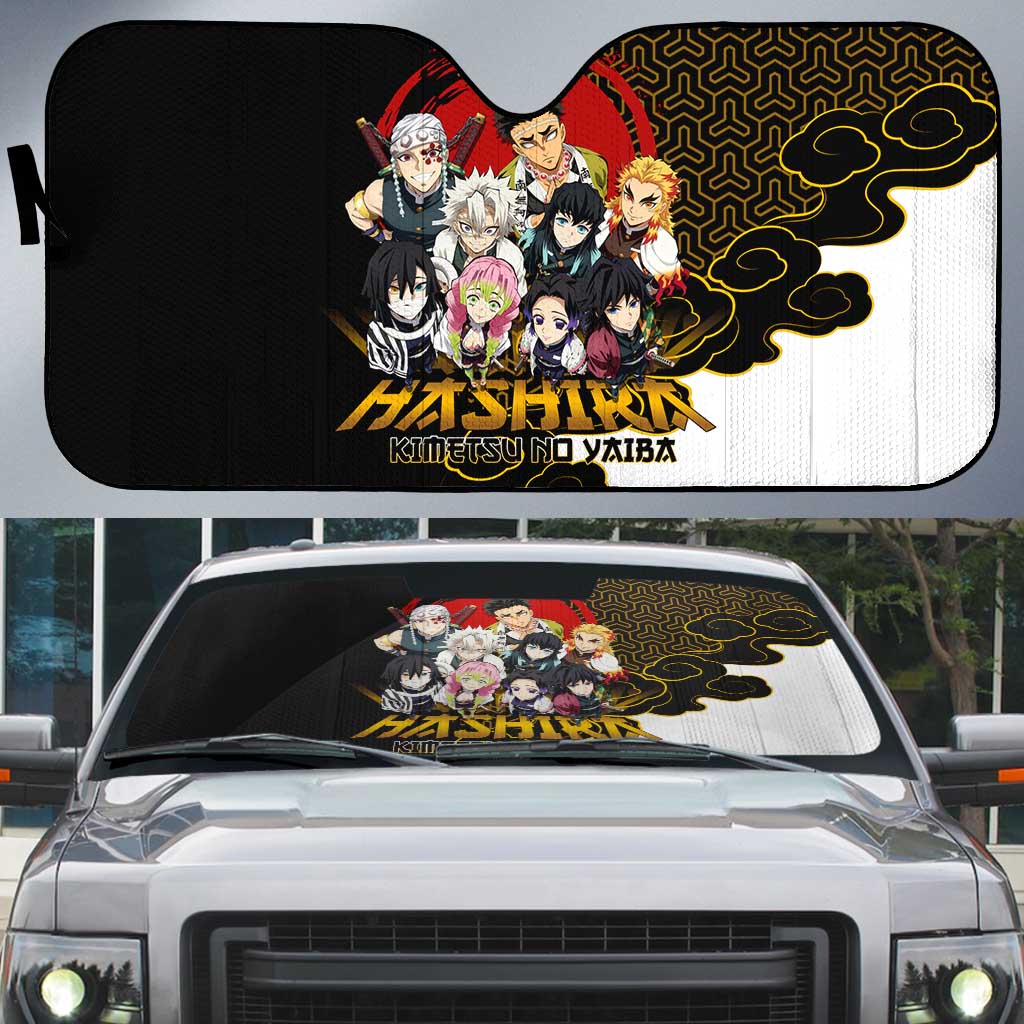 Demon Slayer Hashira Group Design Auto Sun Shade with Gold Cloud Pattern and Stylized Kanji Motif - The Mazicc