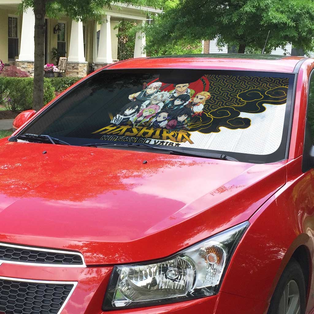 Demon Slayer Hashira Group Design Auto Sun Shade with Gold Cloud Pattern and Stylized Kanji Motif - The Mazicc