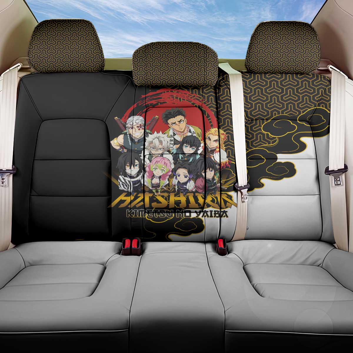 Demon Slayer Hashira Group Design Back Car Seat Cover with Gold Cloud Pattern and Stylized Kanji Motif - The Mazicc