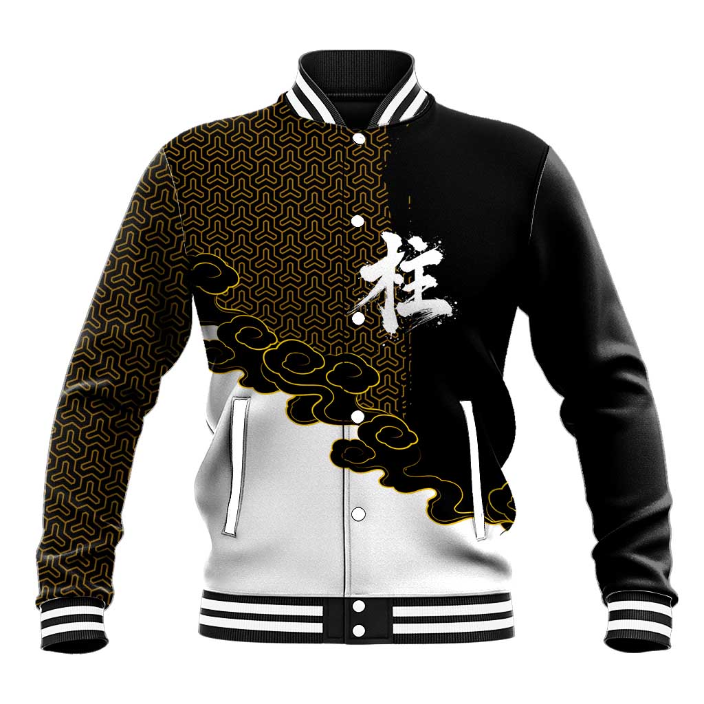 Demon Slayer Hashira Group Design Baseball Jacket with Gold Cloud Pattern and Stylized Kanji Motif - The Mazicc