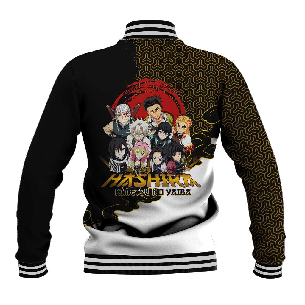 Demon Slayer Hashira Group Design Baseball Jacket with Gold Cloud Pattern and Stylized Kanji Motif - The Mazicc