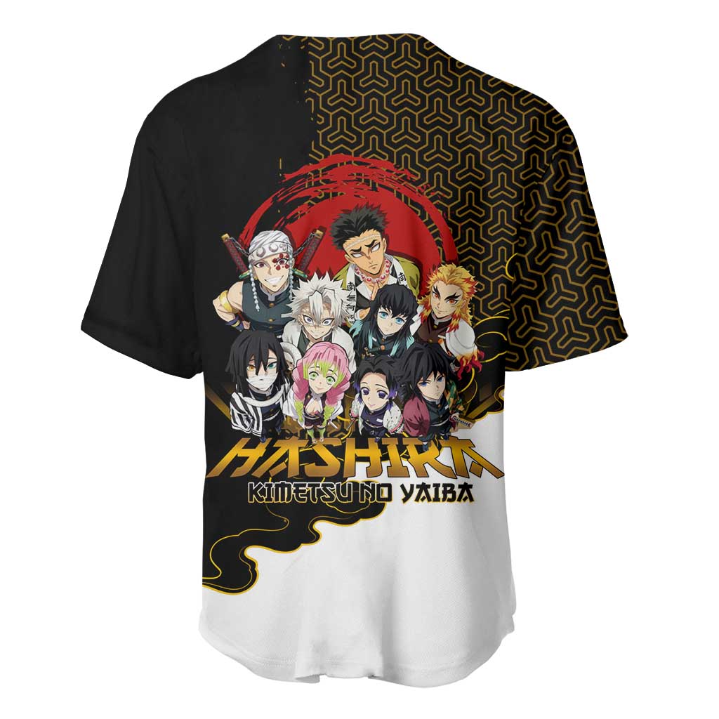 Demon Slayer Hashira Group Design Baseball Jersey with Gold Cloud Pattern and Stylized Kanji Motif - The Mazicc