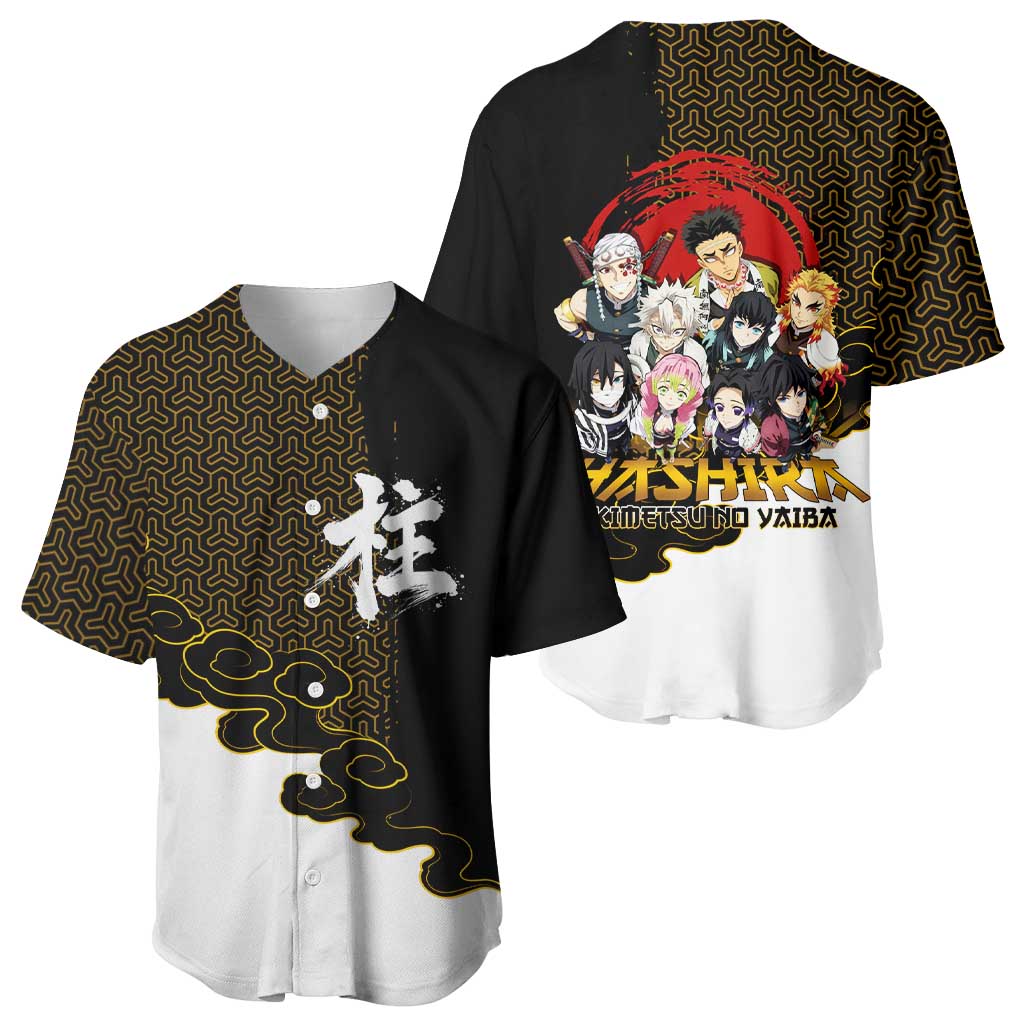 Demon Slayer Hashira Group Design Baseball Jersey with Gold Cloud Pattern and Stylized Kanji Motif - The Mazicc