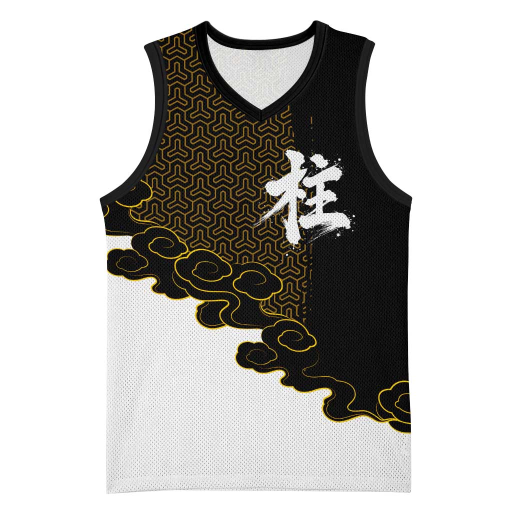 Demon Slayer Hashira Group Design Basketball Jersey with Gold Cloud Pattern and Stylized Kanji Motif - The Mazicc