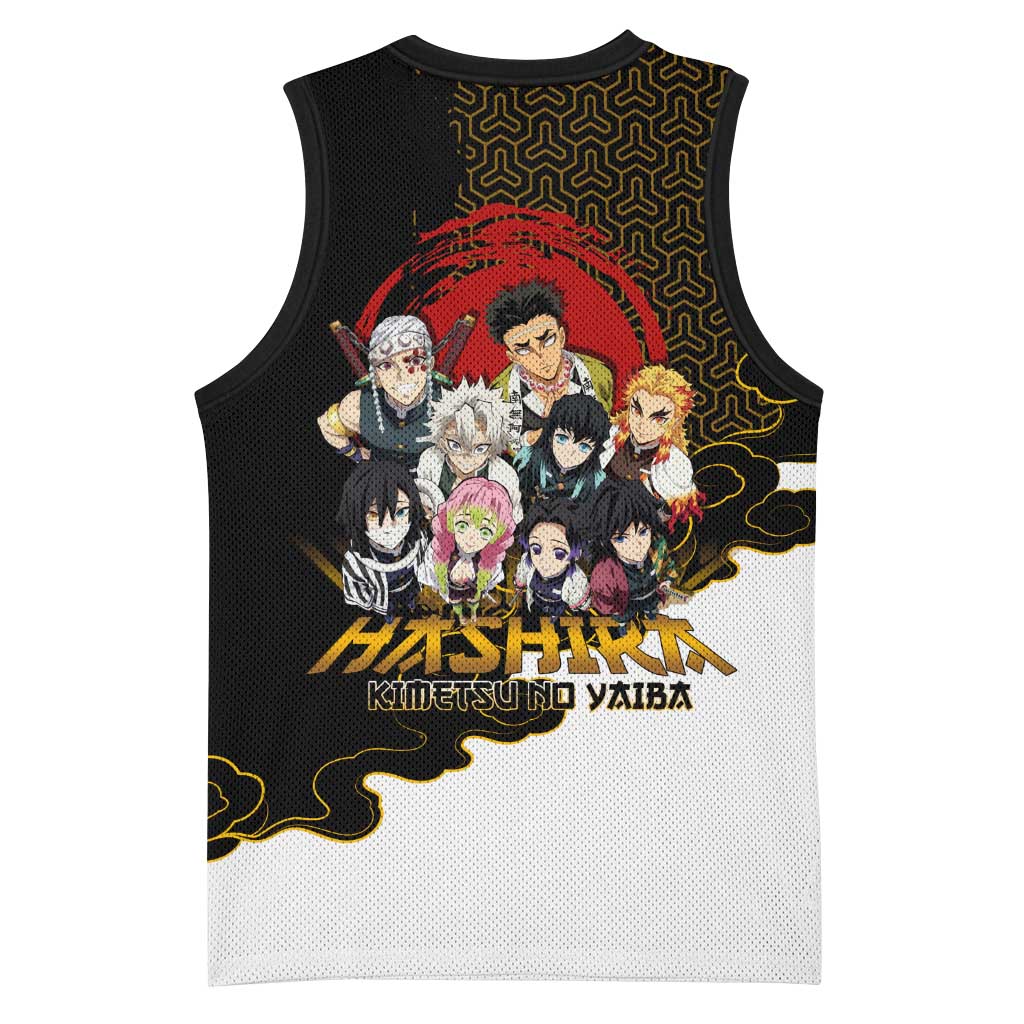 Demon Slayer Hashira Group Design Basketball Jersey with Gold Cloud Pattern and Stylized Kanji Motif - The Mazicc