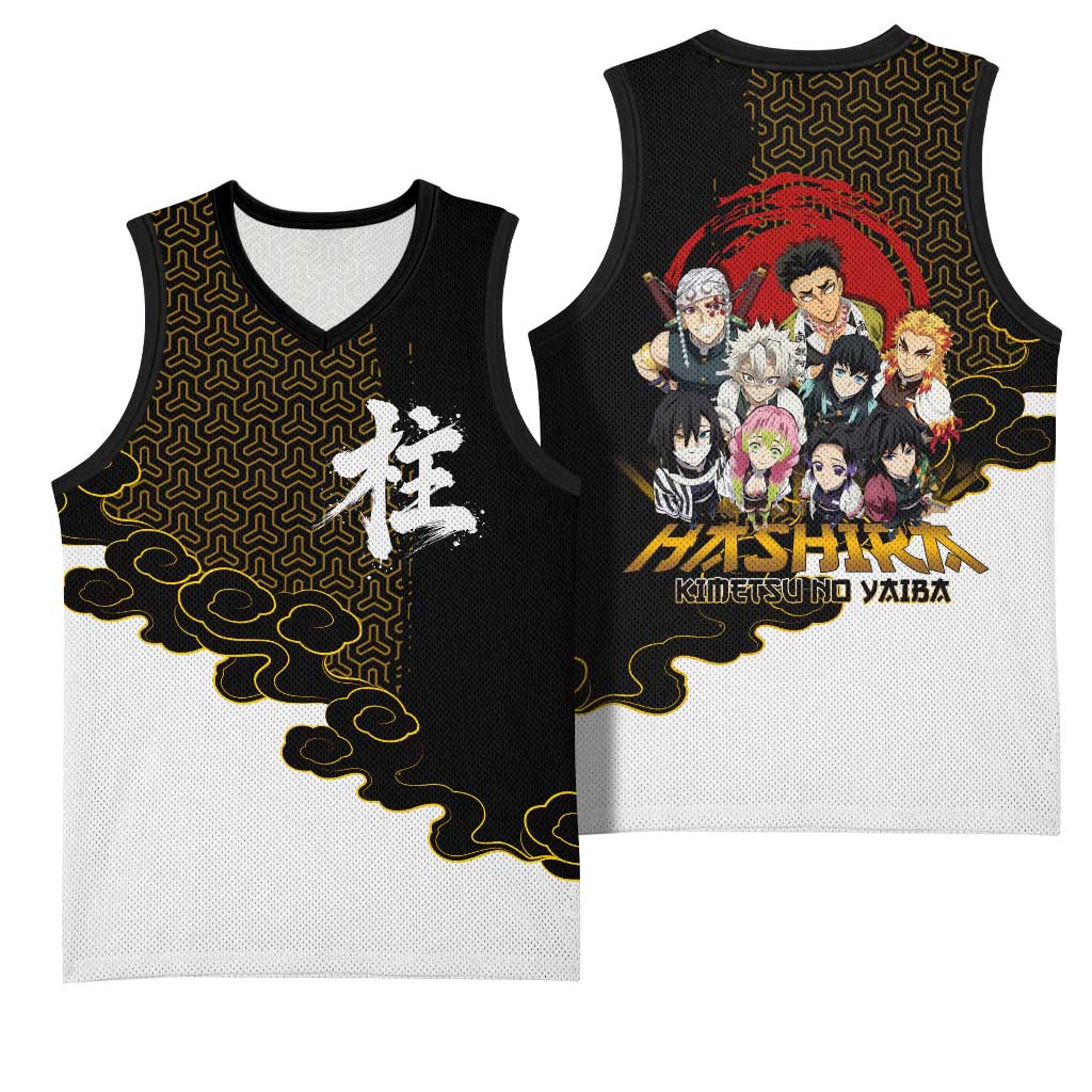 Demon Slayer Hashira Group Design Basketball Jersey with Gold Cloud Pattern and Stylized Kanji Motif - The Mazicc