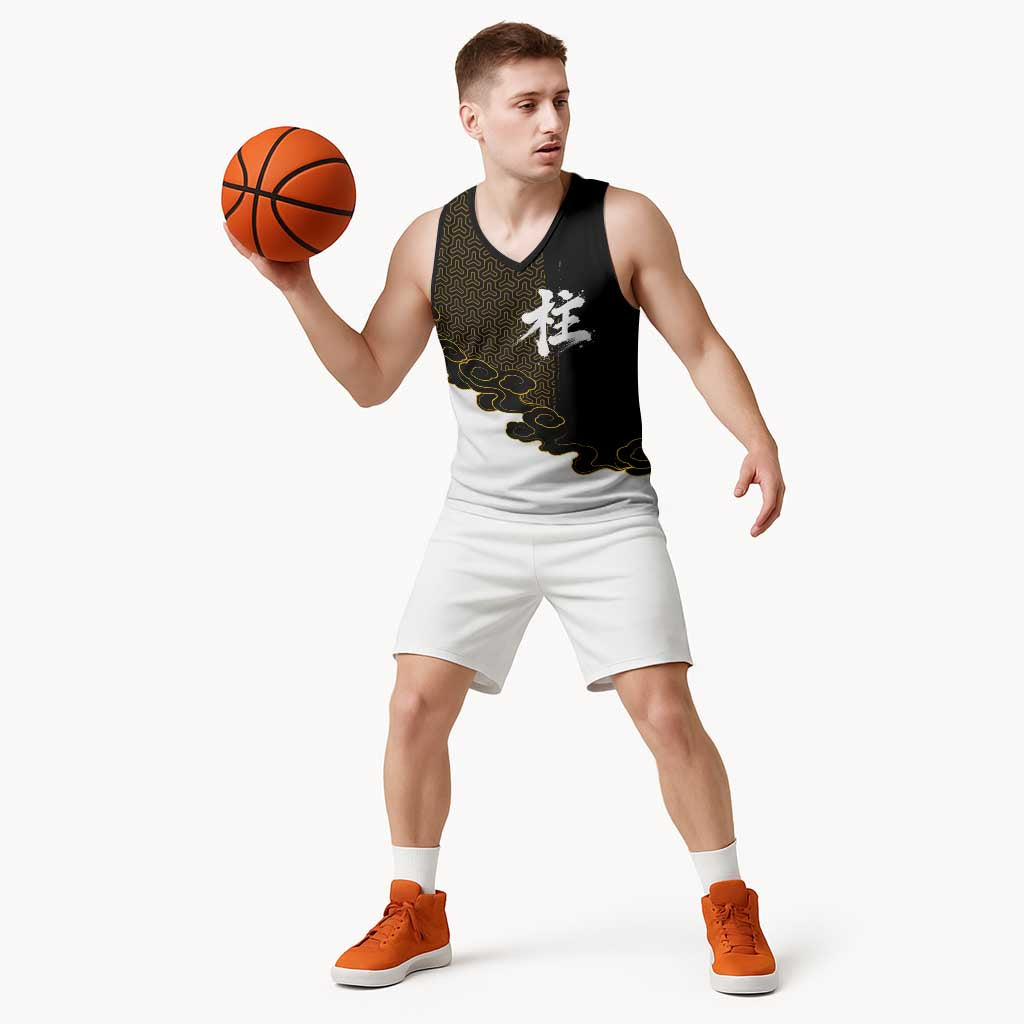 Demon Slayer Hashira Group Design Basketball Jersey with Gold Cloud Pattern and Stylized Kanji Motif - The Mazicc