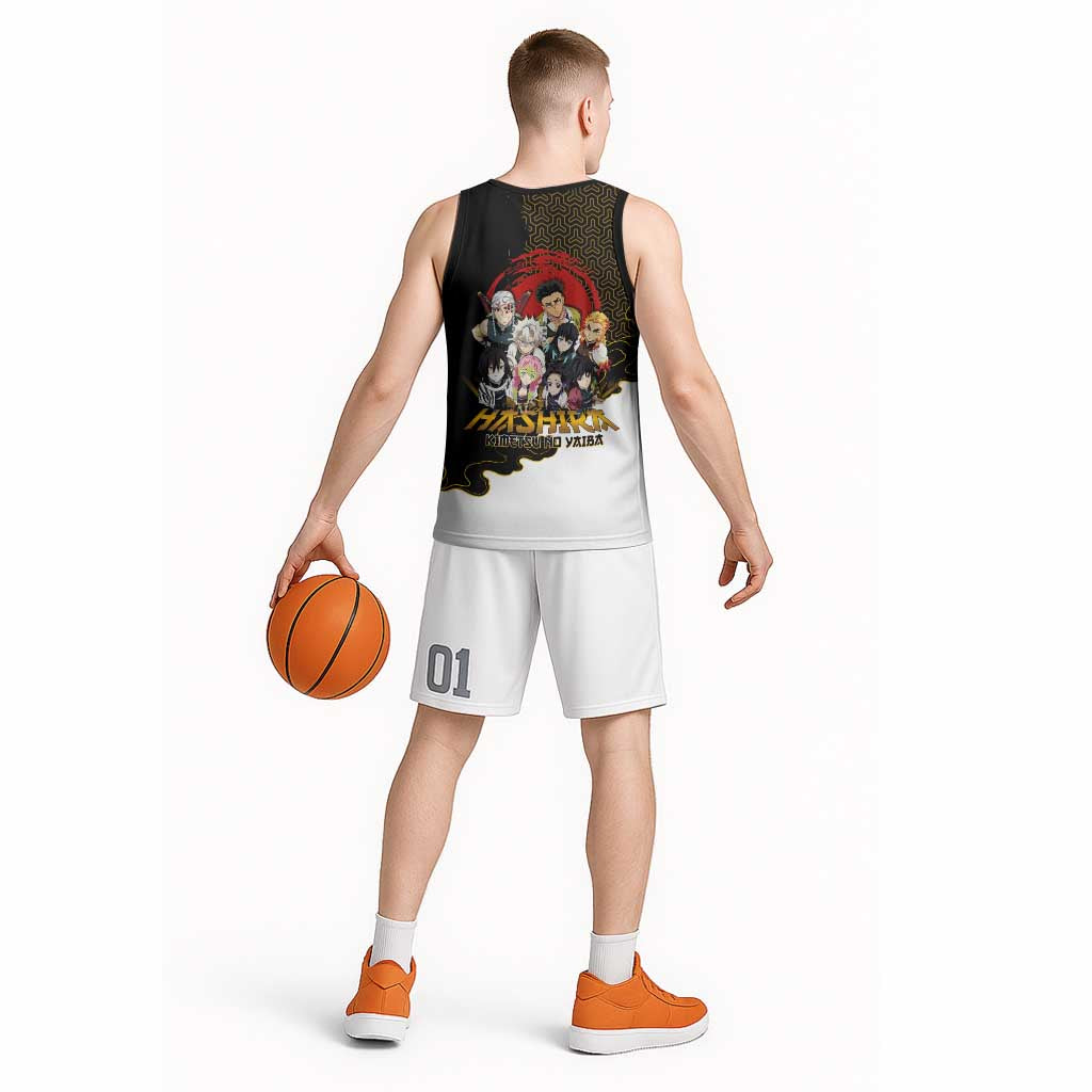 Demon Slayer Hashira Group Design Basketball Jersey with Gold Cloud Pattern and Stylized Kanji Motif - The Mazicc