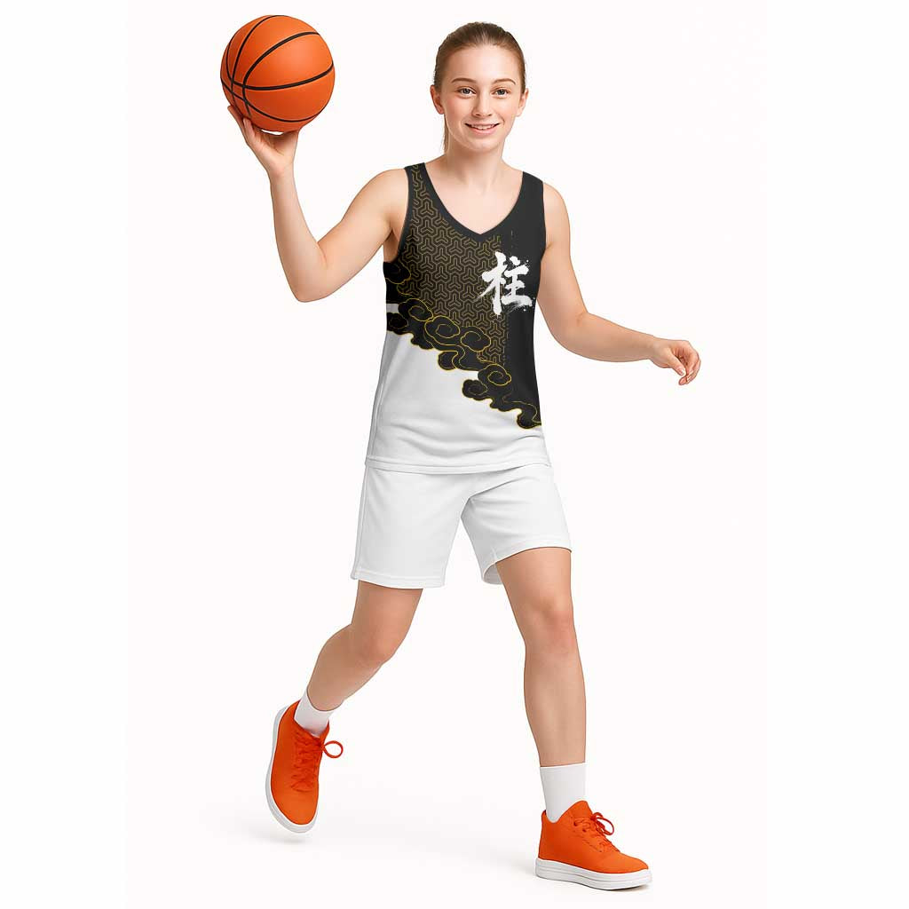 Demon Slayer Hashira Group Design Basketball Jersey with Gold Cloud Pattern and Stylized Kanji Motif - The Mazicc