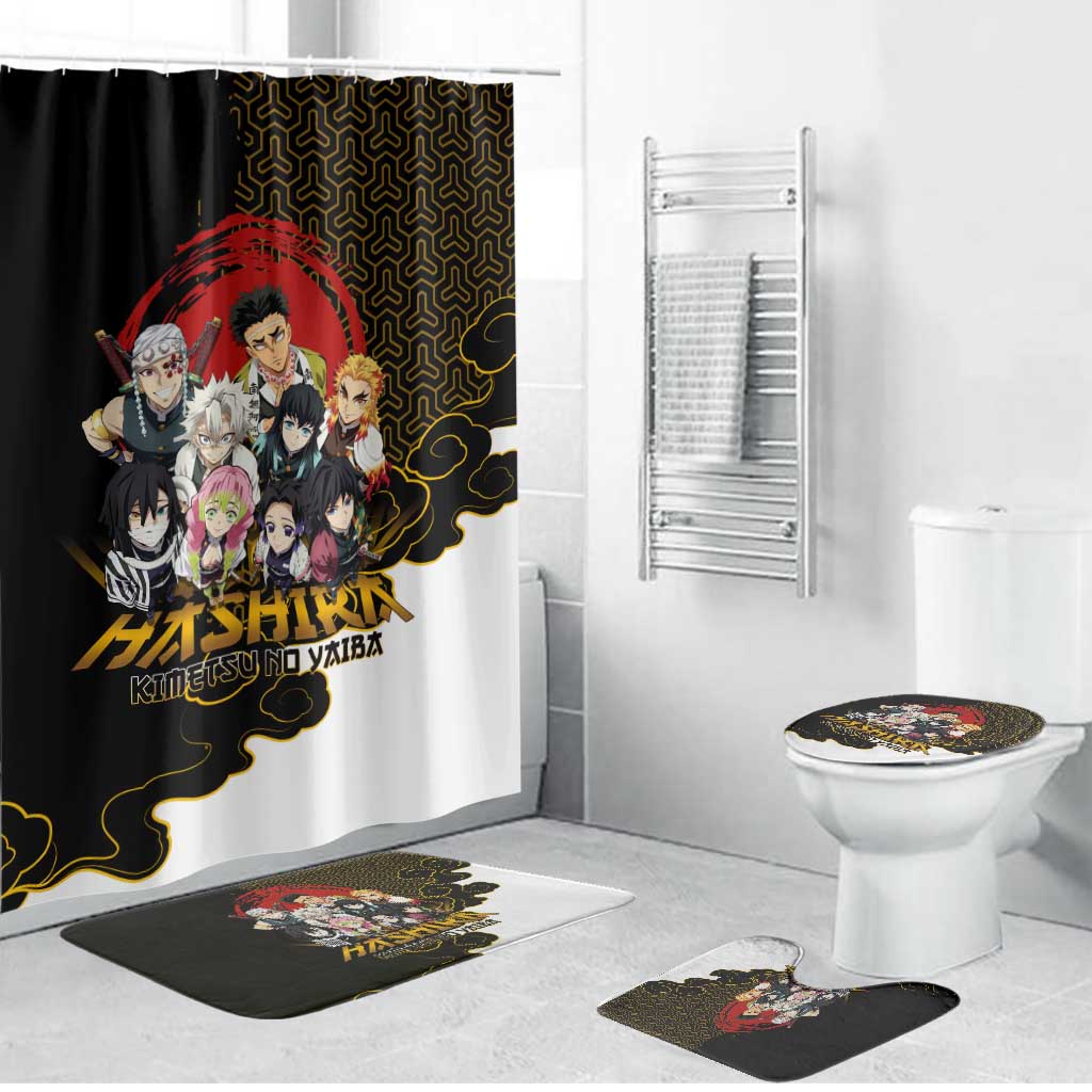 Demon Slayer Hashira Group Design Bathroom Set with Gold Cloud Pattern and Stylized Kanji Motif - The Mazicc