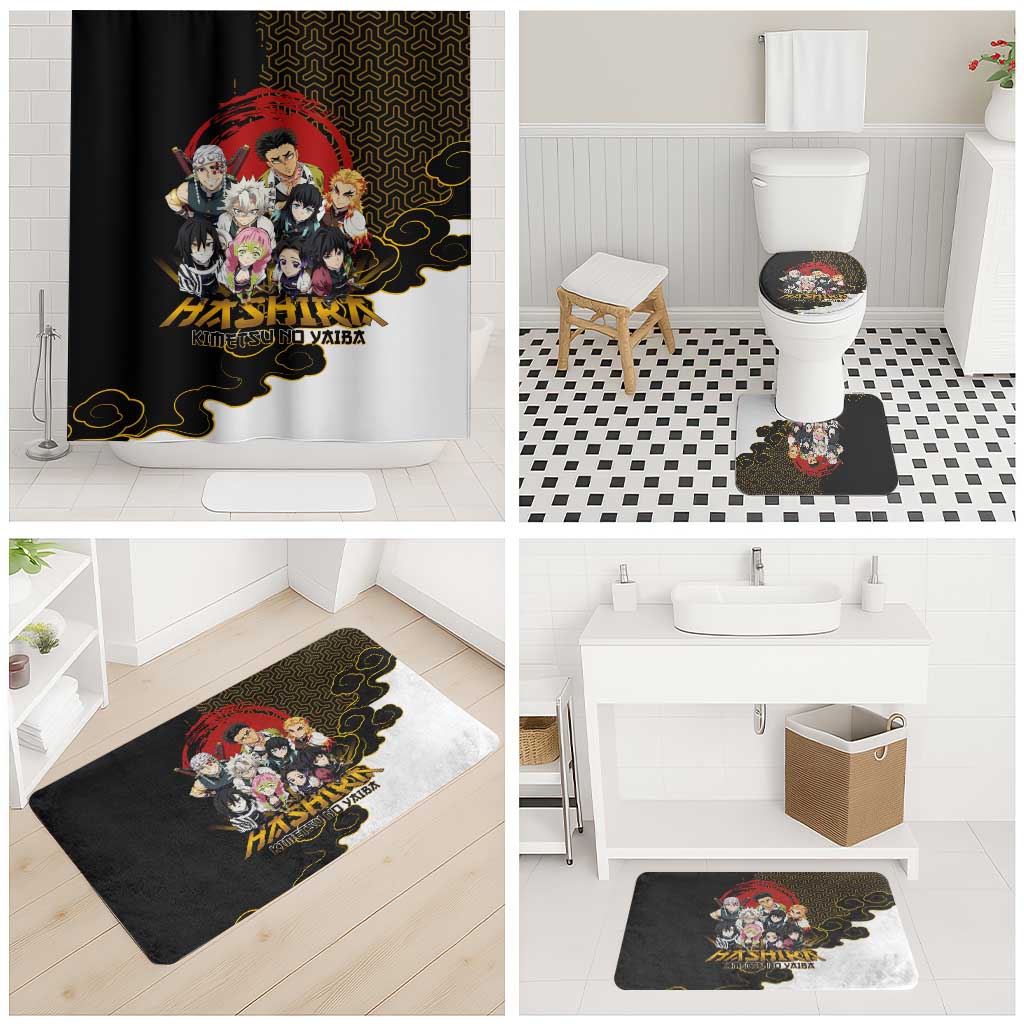 Demon Slayer Hashira Group Design Bathroom Set with Gold Cloud Pattern and Stylized Kanji Motif - The Mazicc