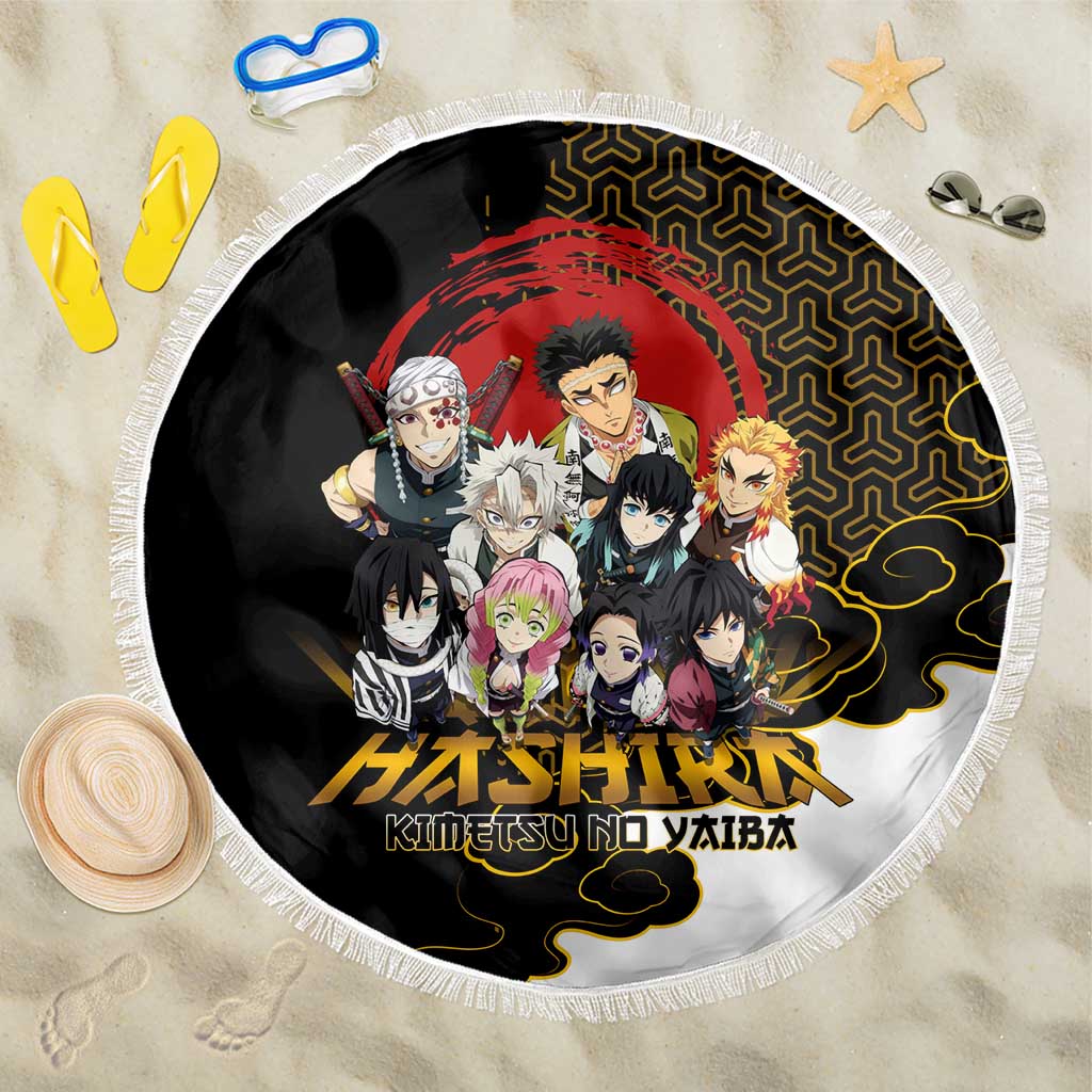 Demon Slayer Hashira Group Design Beach Blanket with Gold Cloud Pattern and Stylized Kanji Motif - The Mazicc