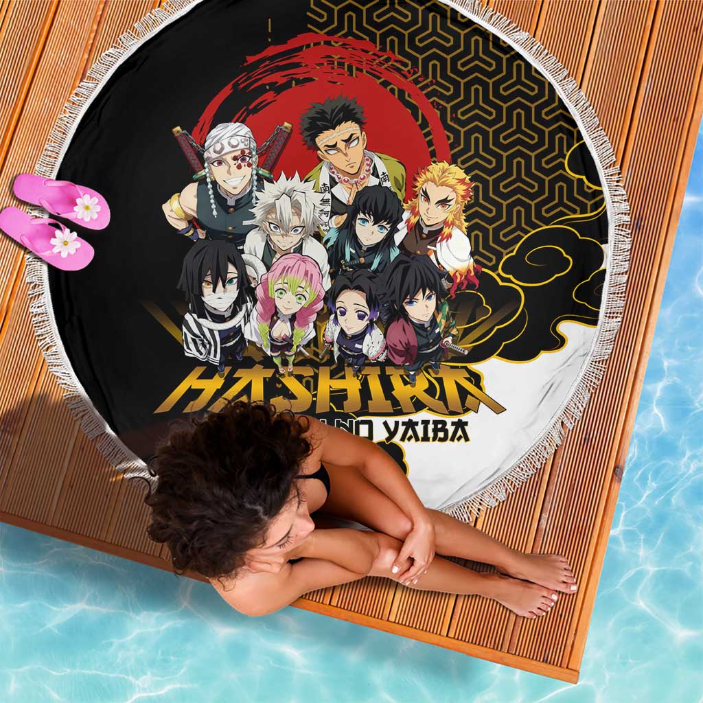 Demon Slayer Hashira Group Design Beach Blanket with Gold Cloud Pattern and Stylized Kanji Motif - The Mazicc