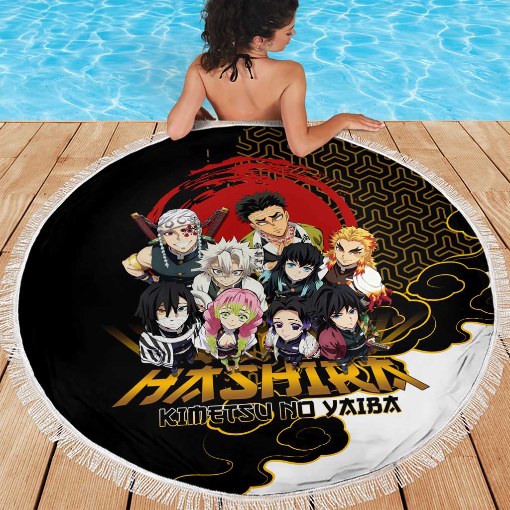 Demon Slayer Hashira Group Design Beach Blanket with Gold Cloud Pattern and Stylized Kanji Motif - The Mazicc