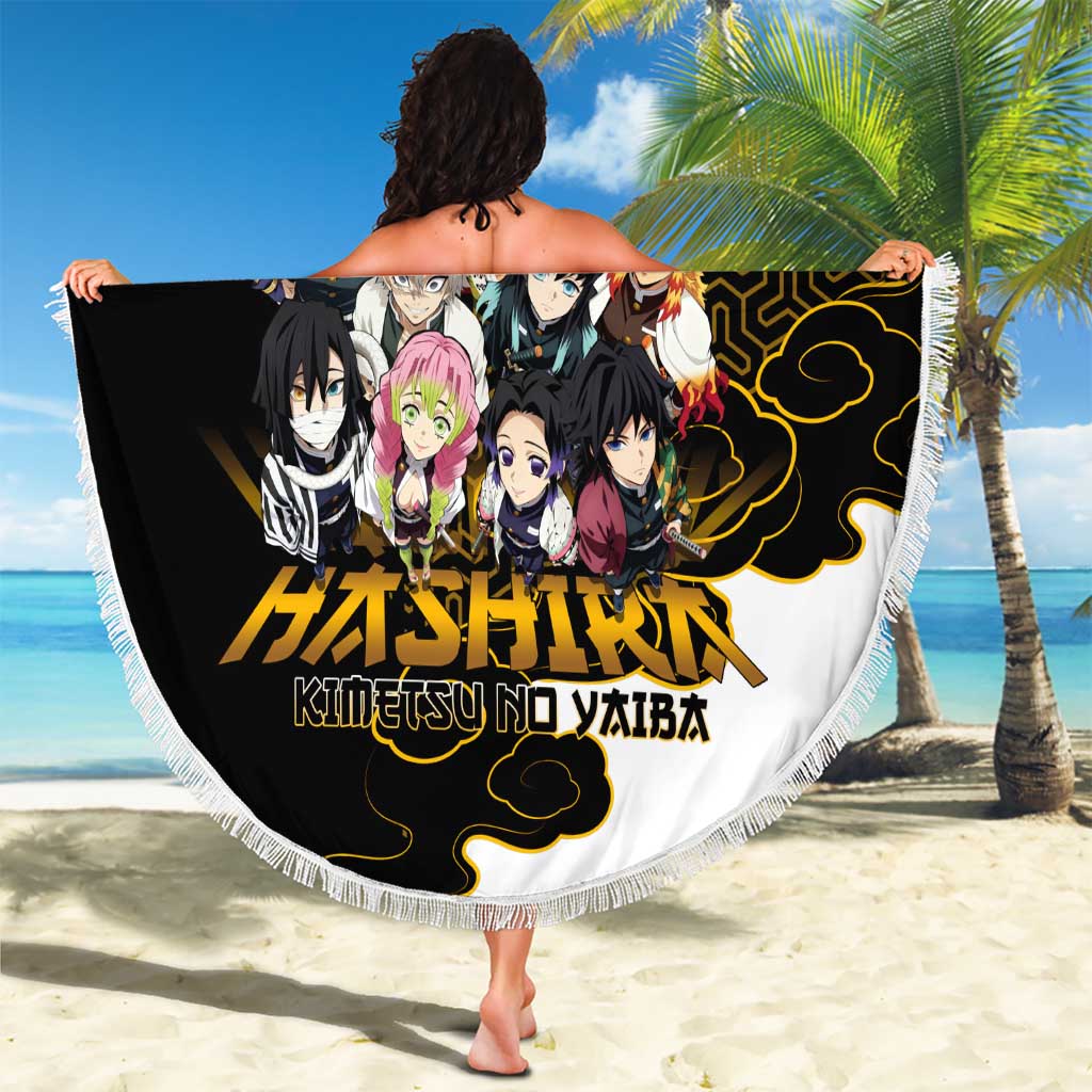 Demon Slayer Hashira Group Design Beach Blanket with Gold Cloud Pattern and Stylized Kanji Motif - The Mazicc