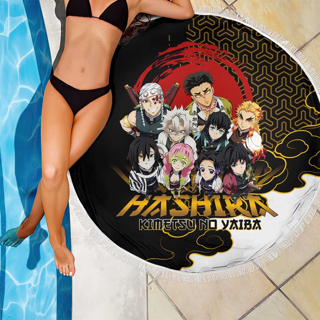 Demon Slayer Hashira Group Design Beach Blanket with Gold Cloud Pattern and Stylized Kanji Motif - The Mazicc
