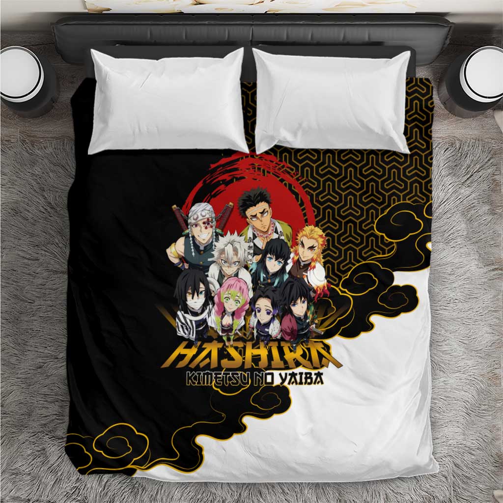 Demon Slayer Hashira Group Design Bedding Set with Gold Cloud Pattern and Stylized Kanji Motif - The Mazicc