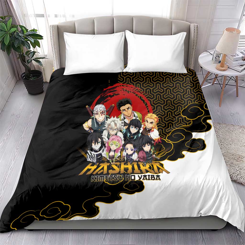 Demon Slayer Hashira Group Design Bedding Set with Gold Cloud Pattern and Stylized Kanji Motif - The Mazicc