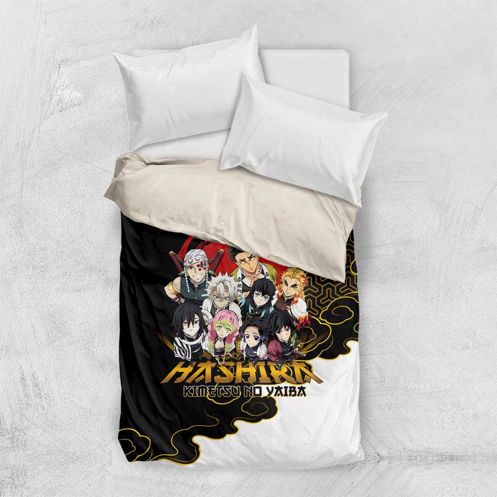 Demon Slayer Hashira Group Design Bedding Set with Gold Cloud Pattern and Stylized Kanji Motif - The Mazicc