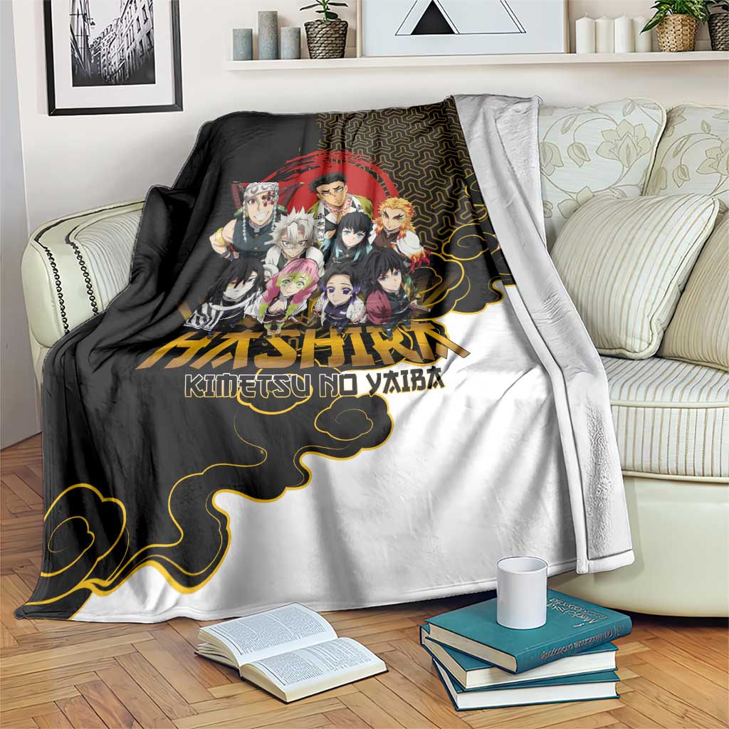 Demon Slayer Hashira Group Design Blanket with Gold Cloud Pattern and Stylized Kanji Motif - The Mazicc