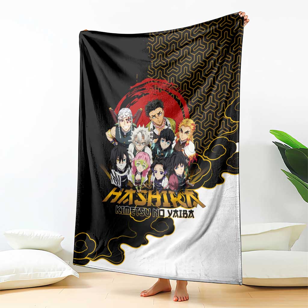Demon Slayer Hashira Group Design Blanket with Gold Cloud Pattern and Stylized Kanji Motif - The Mazicc