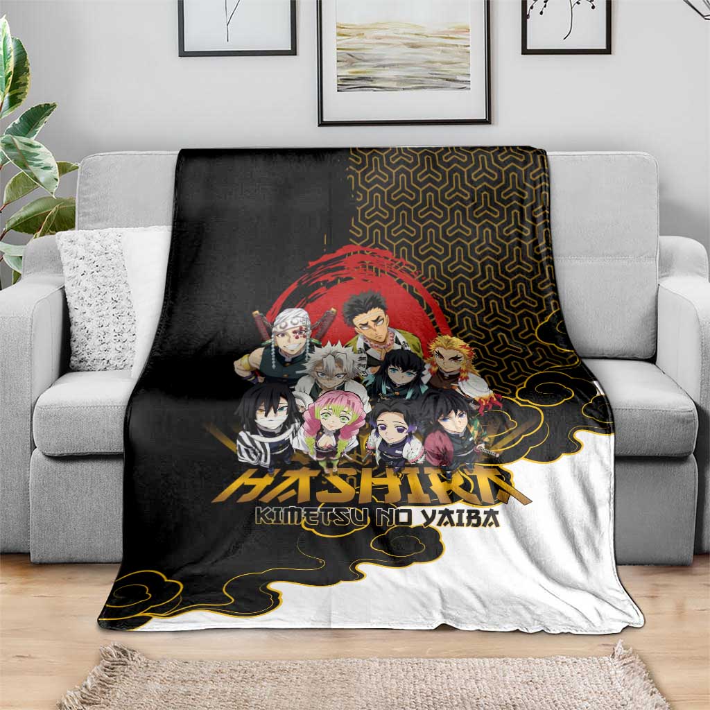 Demon Slayer Hashira Group Design Blanket with Gold Cloud Pattern and Stylized Kanji Motif - The Mazicc