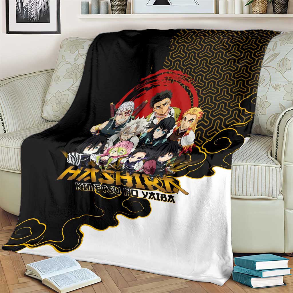 Demon Slayer Hashira Group Design Blanket with Gold Cloud Pattern and Stylized Kanji Motif - The Mazicc