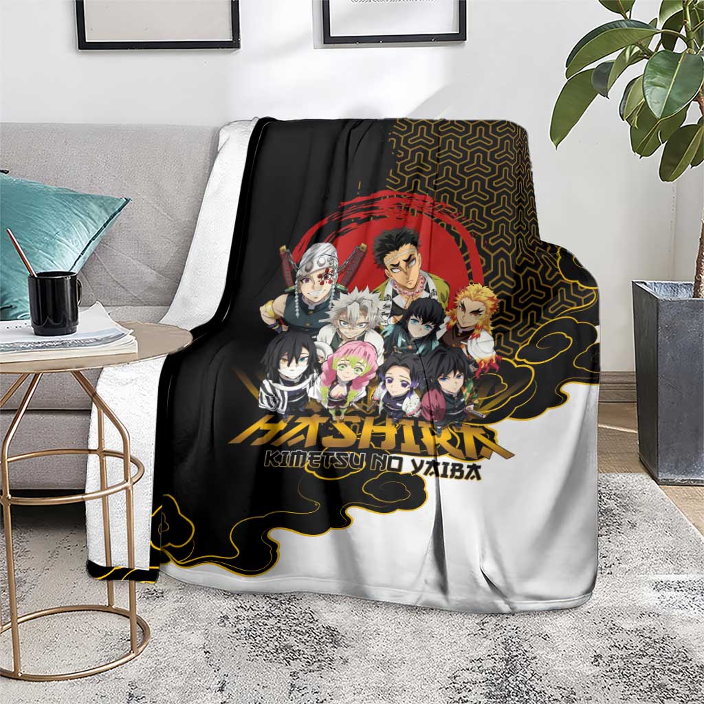 Demon Slayer Hashira Group Design Blanket with Gold Cloud Pattern and Stylized Kanji Motif - The Mazicc