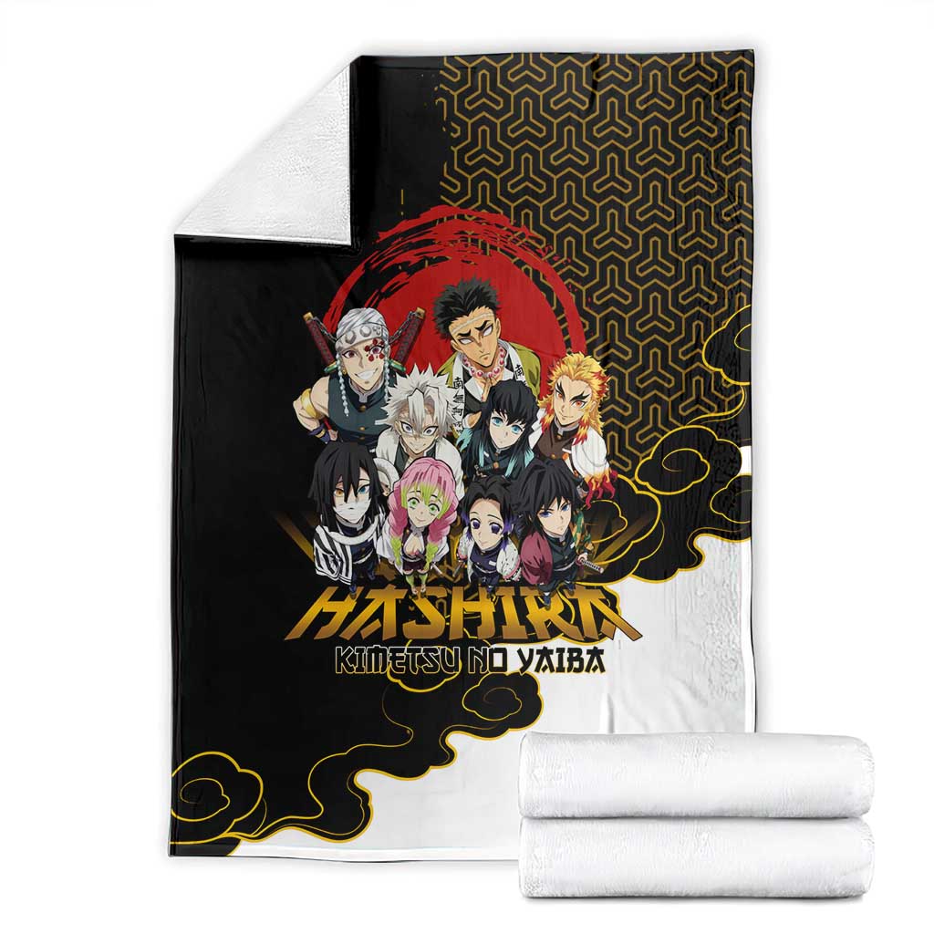 Demon Slayer Hashira Group Design Blanket with Gold Cloud Pattern and Stylized Kanji Motif - The Mazicc