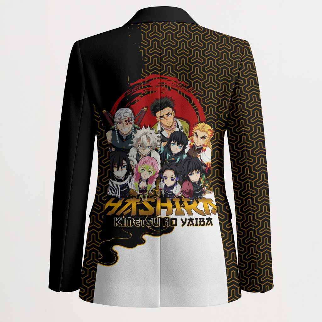 Demon Slayer Hashira Group Design Blazer with Gold Cloud Pattern and Stylized Kanji Motif - The Mazicc
