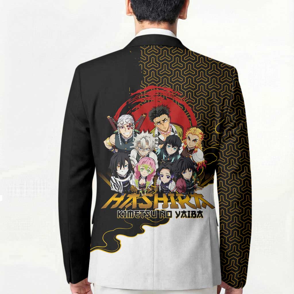 Demon Slayer Hashira Group Design Blazer with Gold Cloud Pattern and Stylized Kanji Motif - The Mazicc