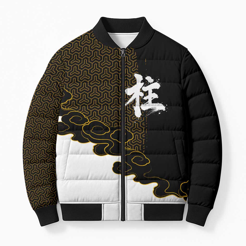 Demon Slayer Hashira Group Design Bomber Puffer Jacket with Gold Cloud Pattern and Stylized Kanji Motif - The Mazicc