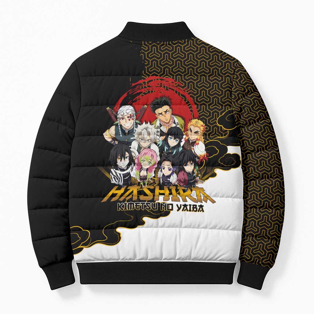 Demon Slayer Hashira Group Design Bomber Puffer Jacket with Gold Cloud Pattern and Stylized Kanji Motif - The Mazicc