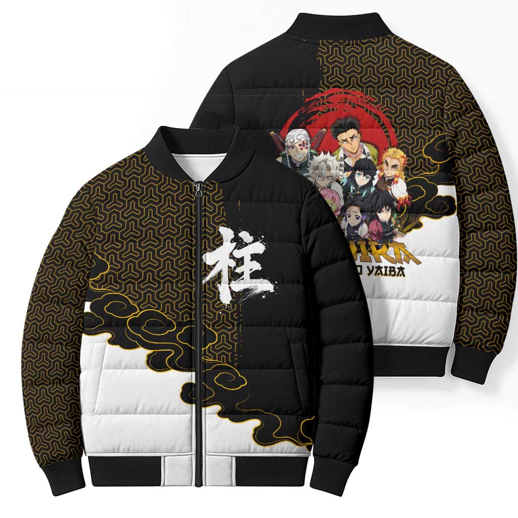 Demon Slayer Hashira Group Design Bomber Puffer Jacket with Gold Cloud Pattern and Stylized Kanji Motif - The Mazicc