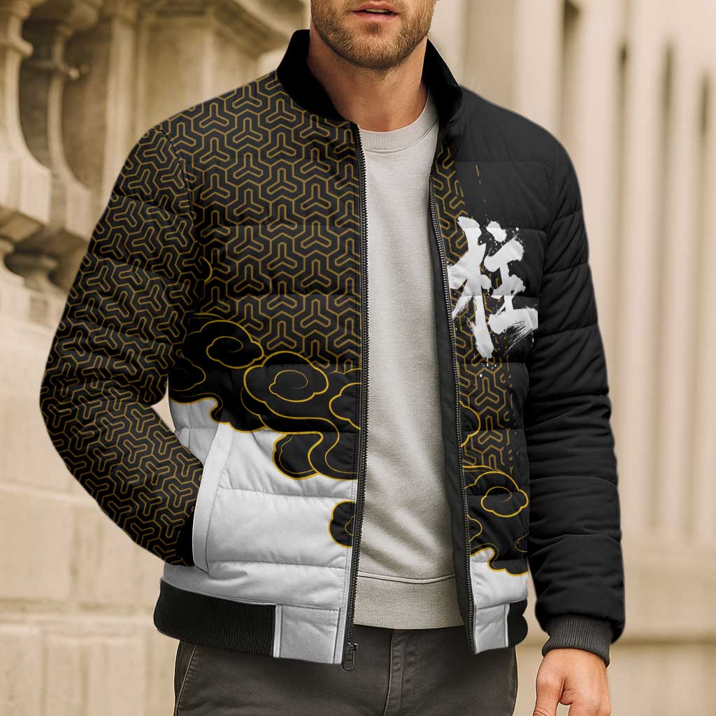 Demon Slayer Hashira Group Design Bomber Puffer Jacket with Gold Cloud Pattern and Stylized Kanji Motif - The Mazicc