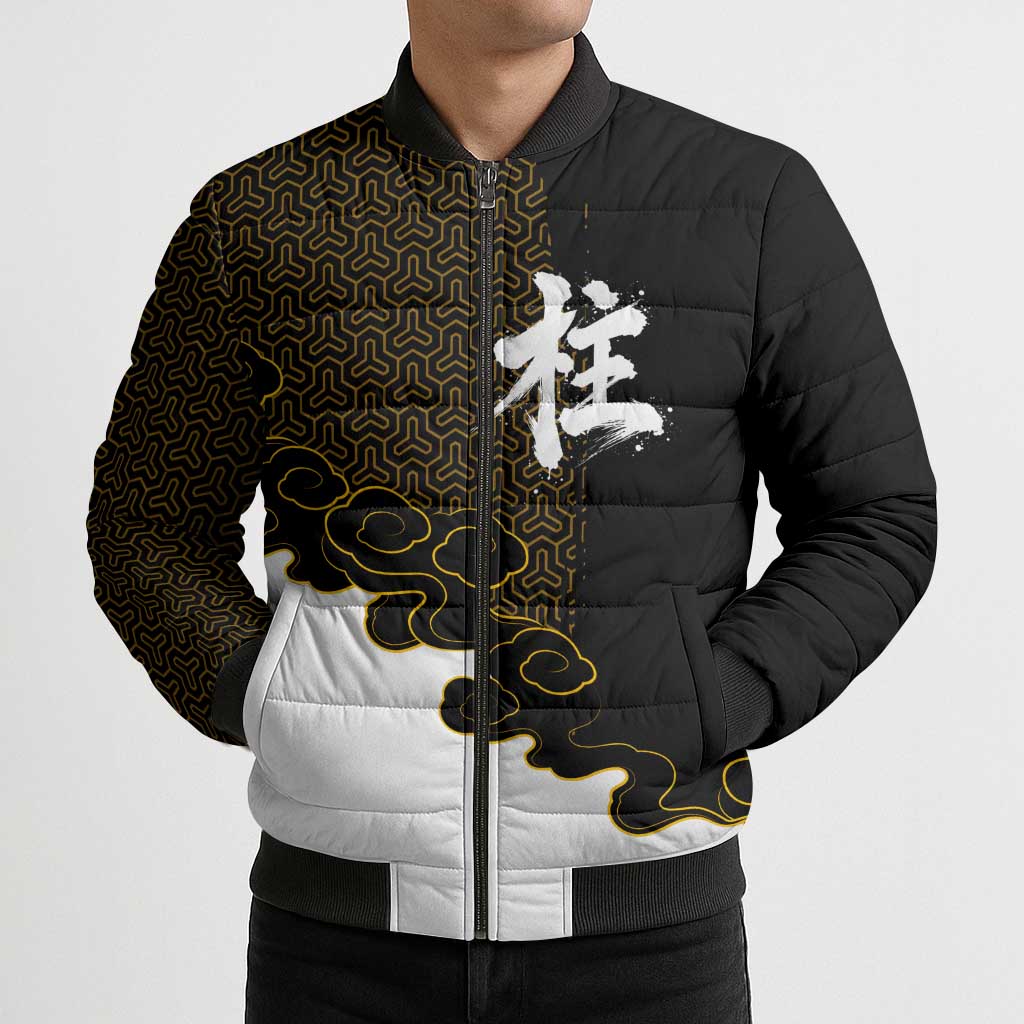 Demon Slayer Hashira Group Design Bomber Puffer Jacket with Gold Cloud Pattern and Stylized Kanji Motif - The Mazicc