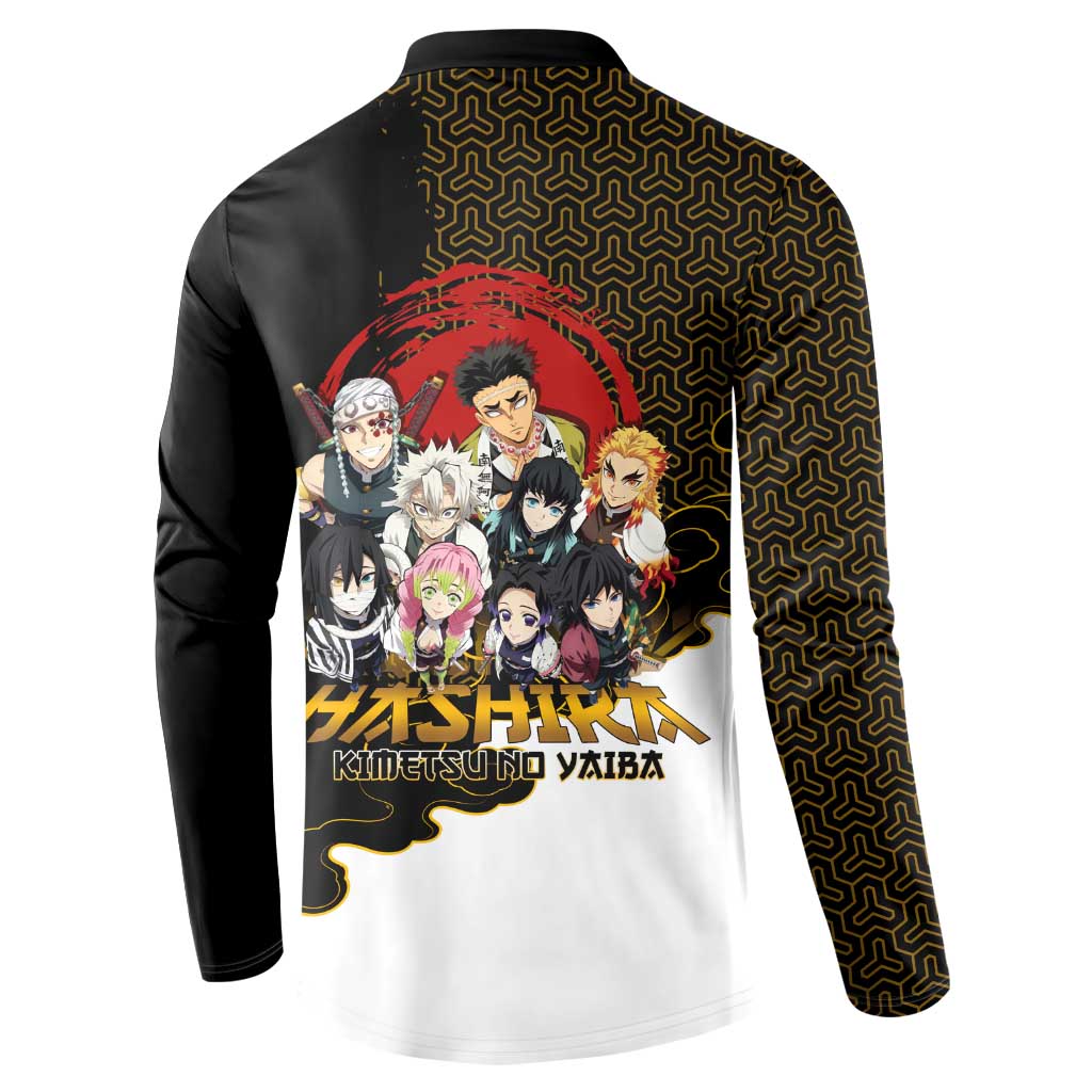 Demon Slayer Hashira Group Design Button Sweatshirt with Gold Cloud Pattern and Stylized Kanji Motif - The Mazicc