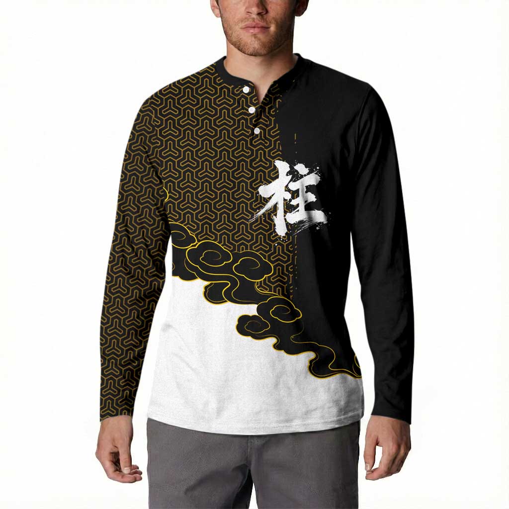 Demon Slayer Hashira Group Design Button Sweatshirt with Gold Cloud Pattern and Stylized Kanji Motif - The Mazicc