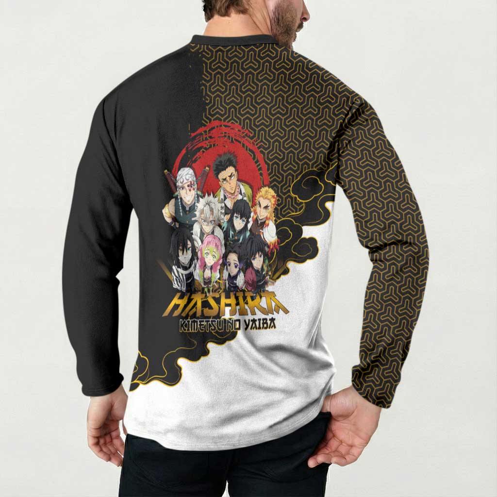 Demon Slayer Hashira Group Design Button Sweatshirt with Gold Cloud Pattern and Stylized Kanji Motif - The Mazicc