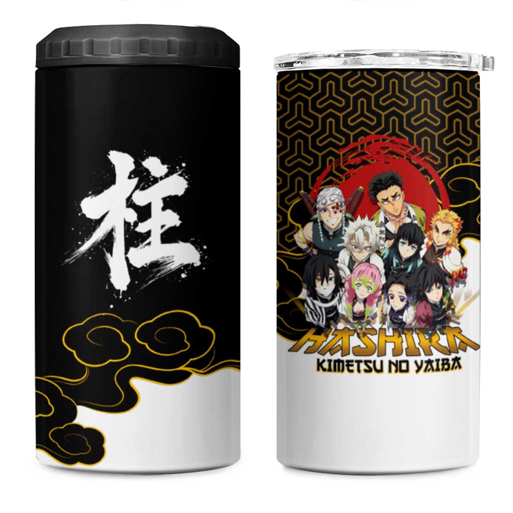 Demon Slayer Hashira Group Design 4 in 1 Can Cooler Tumbler with Gold Cloud Pattern and Stylized Kanji Motif - The Mazicc