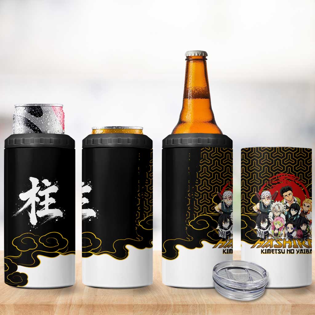 Demon Slayer Hashira Group Design 4 in 1 Can Cooler Tumbler with Gold Cloud Pattern and Stylized Kanji Motif - The Mazicc