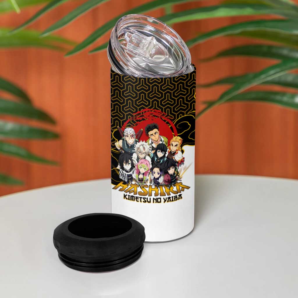 Demon Slayer Hashira Group Design 4 in 1 Can Cooler Tumbler with Gold Cloud Pattern and Stylized Kanji Motif - The Mazicc